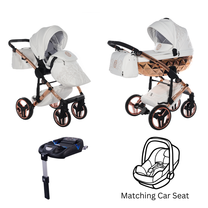 JUNAMA HANDCRAFT ENZO WHITE ROSE GOLD - 4IN1 (INCLUDES CAR SEAT & ISOFIX BASE)