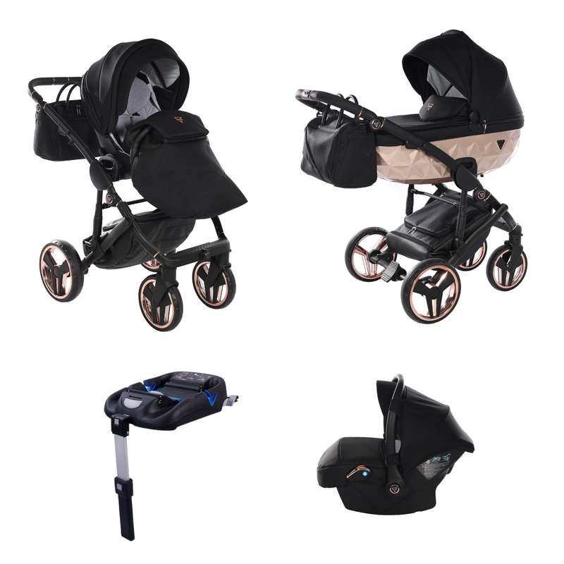 JUNAMA FLUO INDIVIDUAL SATIN BLACK ROSE GOLD - 4IN1 (INCLUDES CAR SEAT & ISOFIX BASE)