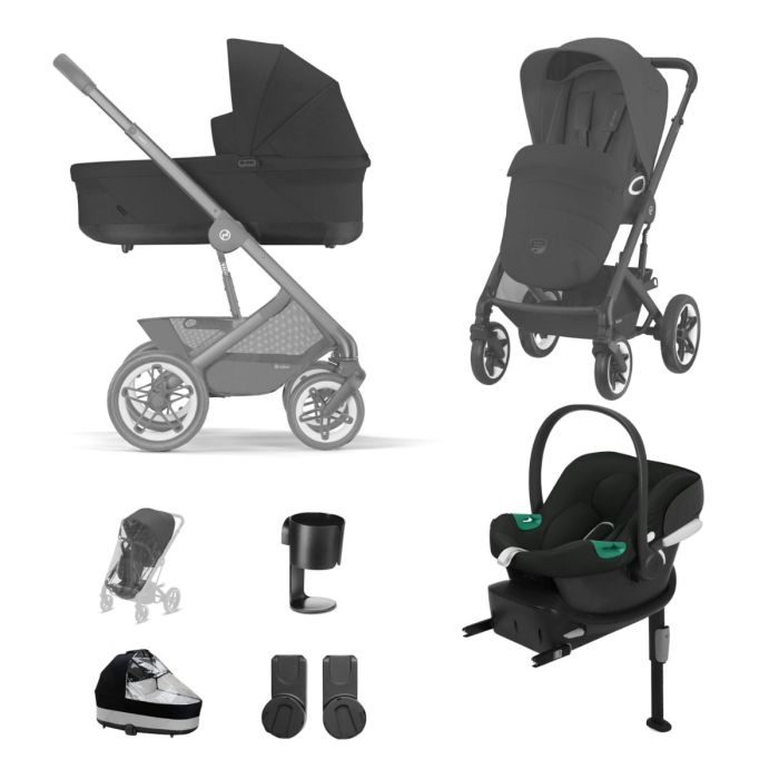 Cybex Talos S Lux Pushchair with Aton B2 Car Seat and Base 10 Piece Bundle - Moon Black (Black Frame)