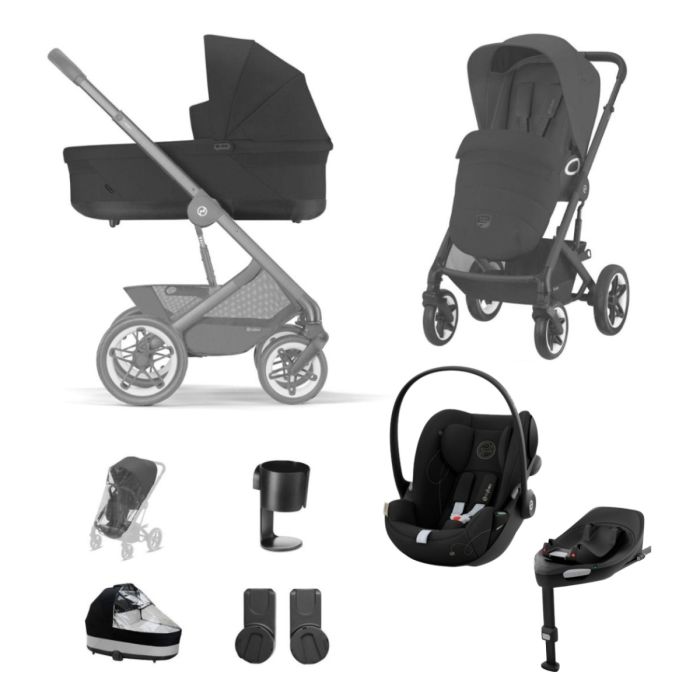 Cybex Talos S Lux Pushchair with Cloud G i-Size Car Seat and Base 10 Piece Bundle - Moon Black (Black Frame)