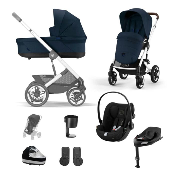 Cybex Talos S Lux Pushchair with Cloud G i-Size Car Seat and Base 10 Piece Bundle - Ocean Blue (Silver Frame)