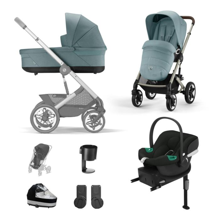 Cybex Talos S Lux Pushchair with Aton B2 Car Seat and Base 10 Piece Bundle - Sky Blue (Taupe Frame)