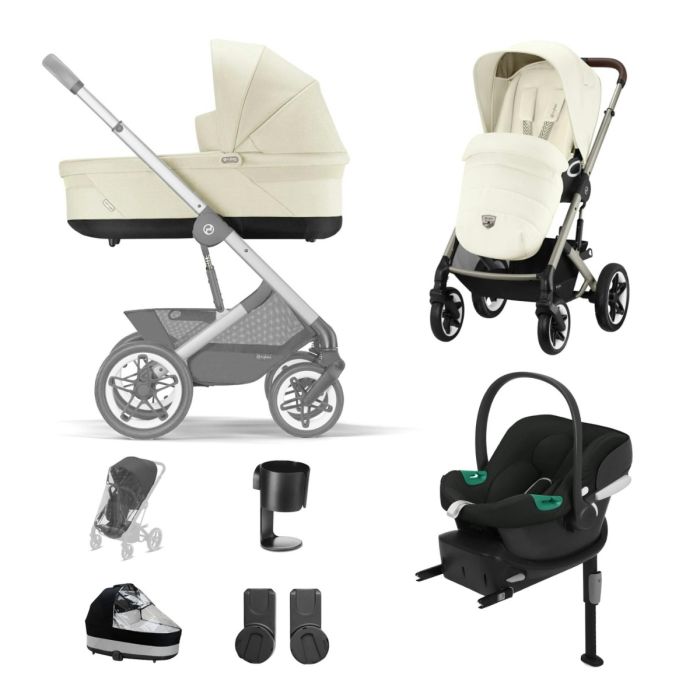 Cybex Talos S Lux Pushchair with Aton B2 Car Seat and Base 10 Piece Bundle - Seashell Beige (Taupe Frame)