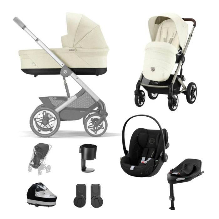 Cybex Talos S Lux Pushchair with Cloud G i-Size Car Seat and Base 10 Piece Bundle - Seashell Beige (Taupe Frame)