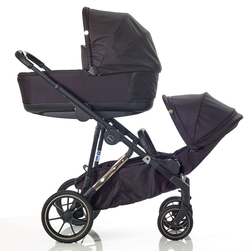 Mee-Go Uno+ Twin Pushchair & Accessories - Black/Rose