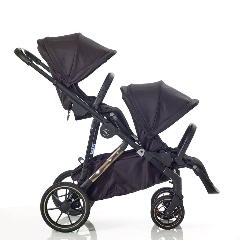 Mee-Go Uno+ Twin Pushchair & Accessories - Black/Rose