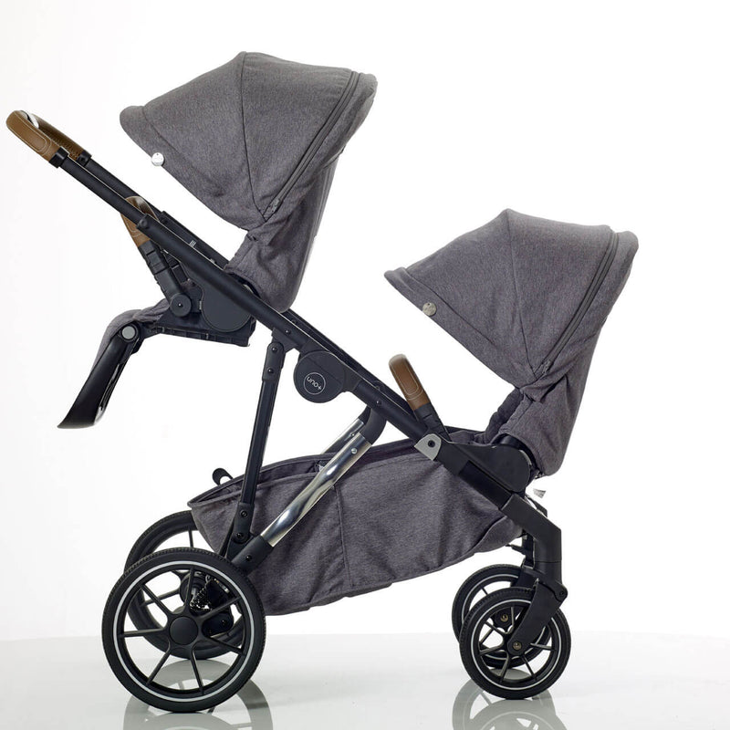 Mee-Go Uno+ Twin Pushchair & Accessories - Grey/Chrome