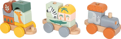 Small Foot - Wooden "Safari" 3 Carriage Train & Blocks Pull Along Toy